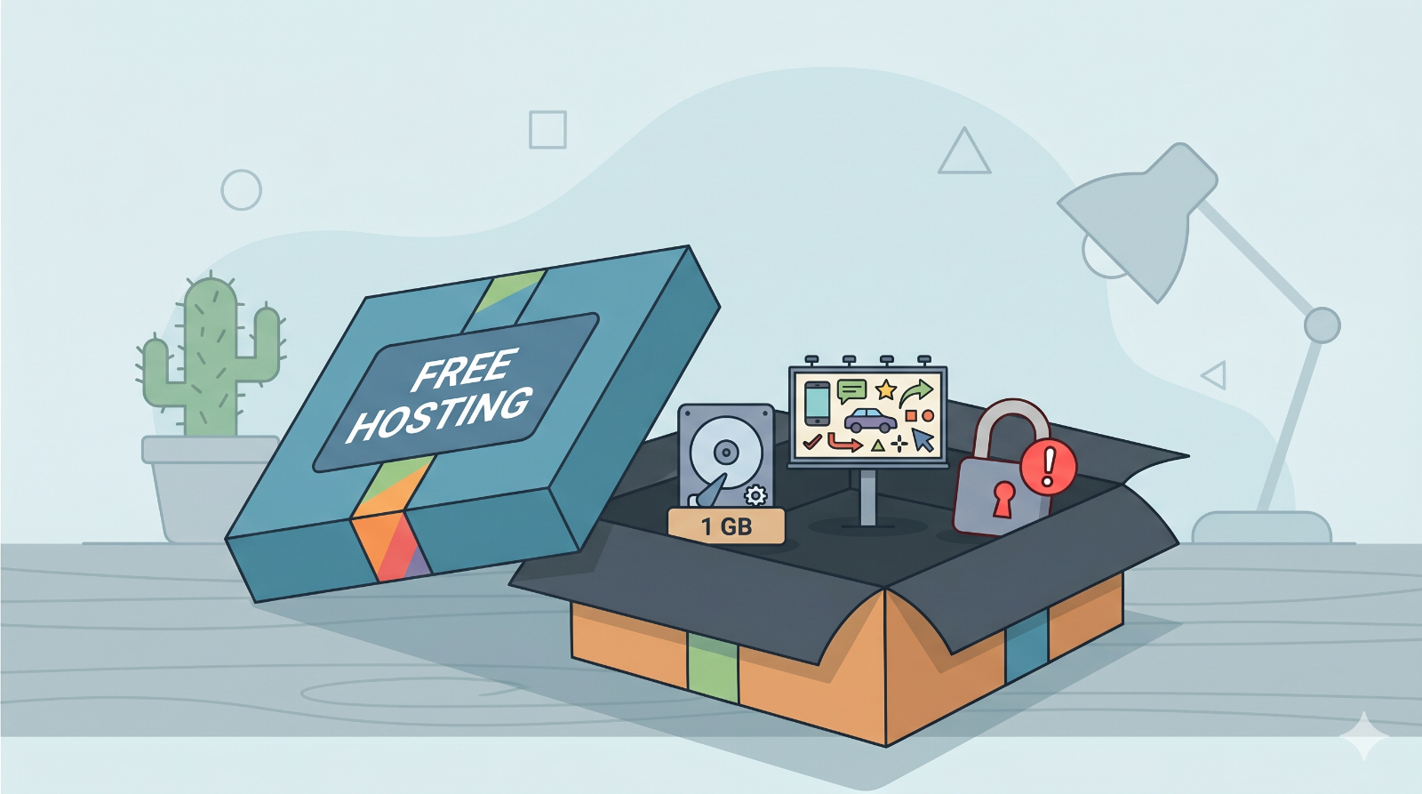 Besplatni hosting - isplati li se i koje su alternative? SLIKA 2 — Ilustracija otvorene kutije s natpisom 'FREE HOSTING' iz koje ispadaju razočaravajući sadržaji: mali hard disk '1 GB', tuđi reklamni billboard, lokot s upozorenjem. Minimalistički flat stil.