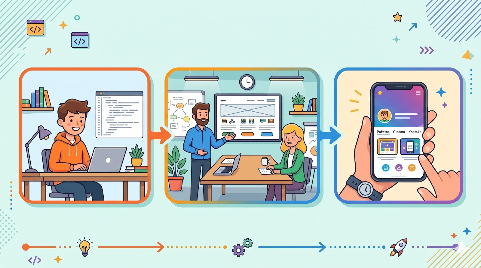 Besplatni hosting - isplati li se i koje su alternative? SLIKA 3 — Tri scene: student uči HTML na laptopu, developer pokazuje prototip klijentu, portfolio stranica na mobitelu. Horizontalni format, flat ilustracija, vedre boje.